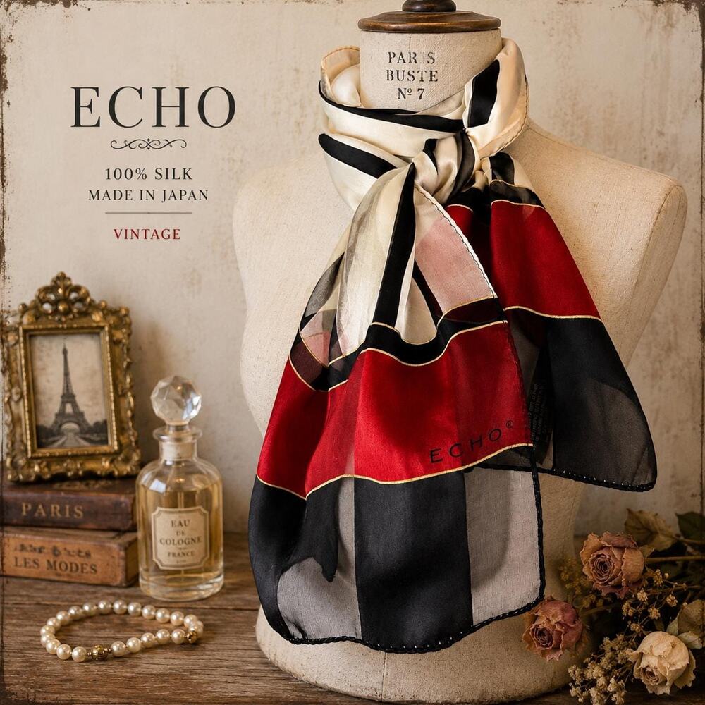 Vintage Echo 100% Silk Oblong Scarf Ivory Black Red Stripe Japan